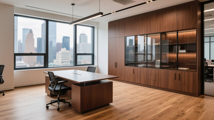 Fototapeta premium Modern glass walled cabinet in open space office with wooden floors, brown furniture, and natural light. Ideal for contemporary workspace and interior design themes.