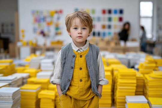 Young child stands confidently in creative studio filled with yellow art supplies and colorful artwork in the background