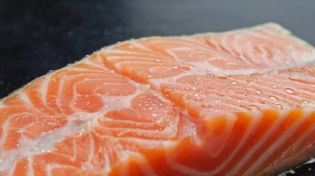 Fresh Salmon Delight: A close-up shot reveals the vibrant texture and rich color of a fresh salmon fillet, its intricate patterns promising a culinary experience.