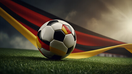 A football rests on green grass with the German flag waving behind it incorporating black red and gold tones symbolizing national pride and sporting spirit ai.

