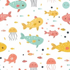 seamless minimal doodle pattern of abstract sea creatures and coral shapes, soft beige and aqua color palette