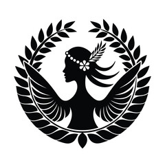 Elegant silhouette of a woman with wings surrounded by laurel wreath symbolizing freedom and grace
