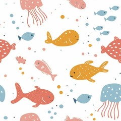 seamless minimal doodle pattern of abstract sea creatures and coral shapes, soft beige and aqua color palette
