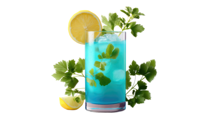 Refreshing Azure Elixir: A vibrant blue cocktail, garnished with a lemon slice and fresh herbs, embodies a sense of refreshment and tropical allure. The drink is a symbol of vibrant lifestyle.