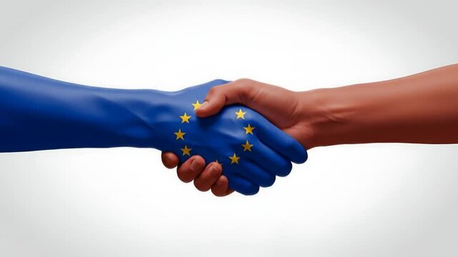 Symbolic Handshake: European Union Partnership and Collaboration, Showcasing Unity, Agreement, and International Relations, Portraying Alliance and Cooperative Spirit in a Clean, Modern, and