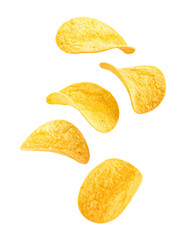 Naklejka premium Crispy Golden Potato Chips in Mid Air