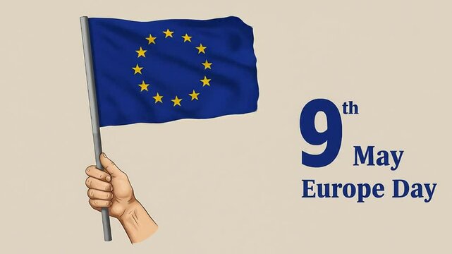 Celebrating Europe Day: A Hand Waving the EU Flag on May 9th, Marking Unity and Progress Through Vector Animation and a Beige Backdrop for a Festive and Memorable Occasion