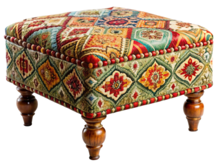 Intricately Designed Ottoman with Patchwork Fabric and Decorative Wooden Legs on Black
