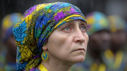 Naklejka premium Woman in Colorful Headscarf Rain Thoughtful Expression Close up Portrait