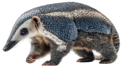 Anteater on the Move: An detailed image captures the unique appearance of an anteater, highlighting its elongated snout, strong claws, and distinctive fur pattern, as it confidently strides forward. 