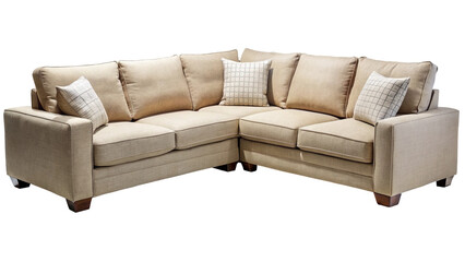 Fototapeta premium Elegant Light Tan Sectional Sofa with Checkered Pillows on Black Background