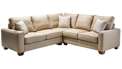 Elegant Light Tan Sectional Sofa with Checkered Pillows on Black Background