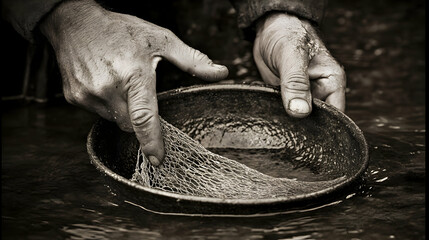 Hands pan mineral ore river waters monochrome prospecting technique