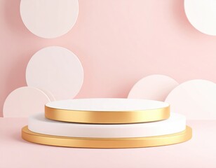Minimalist display featuring circular platforms in white and gold against a soft pink background, ideal for product presentations or artistic showcases