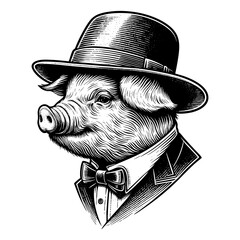 pig dressed in a formal suit, bow tie, and top hat with a confident expression sketch engraving generative ai PNG illustration. Scratch board imitation. Black and white image.