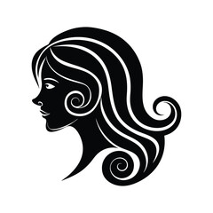 Elegant black silhouette of a woman's profile with flowing curly hair and a sophisticated design