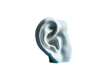 A white sculpture of a human ear on a blue background. Space for text.