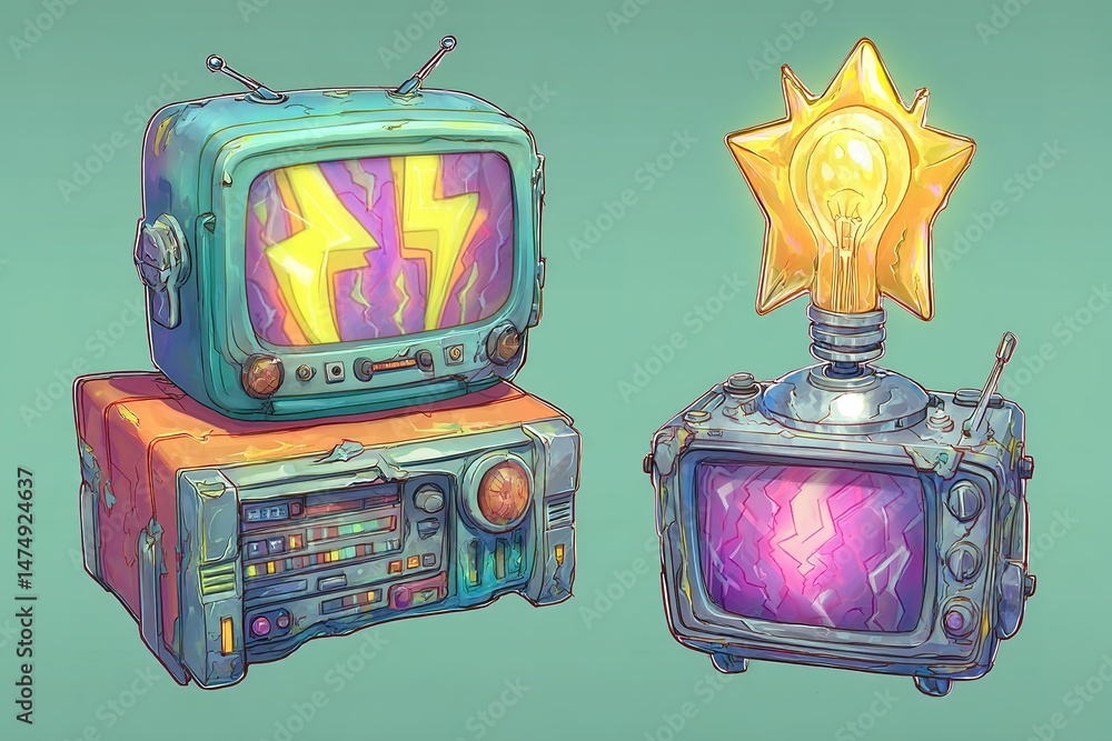 Aufkleber vintage television sets with colorful graphics and a unique lamp design in a creative setting