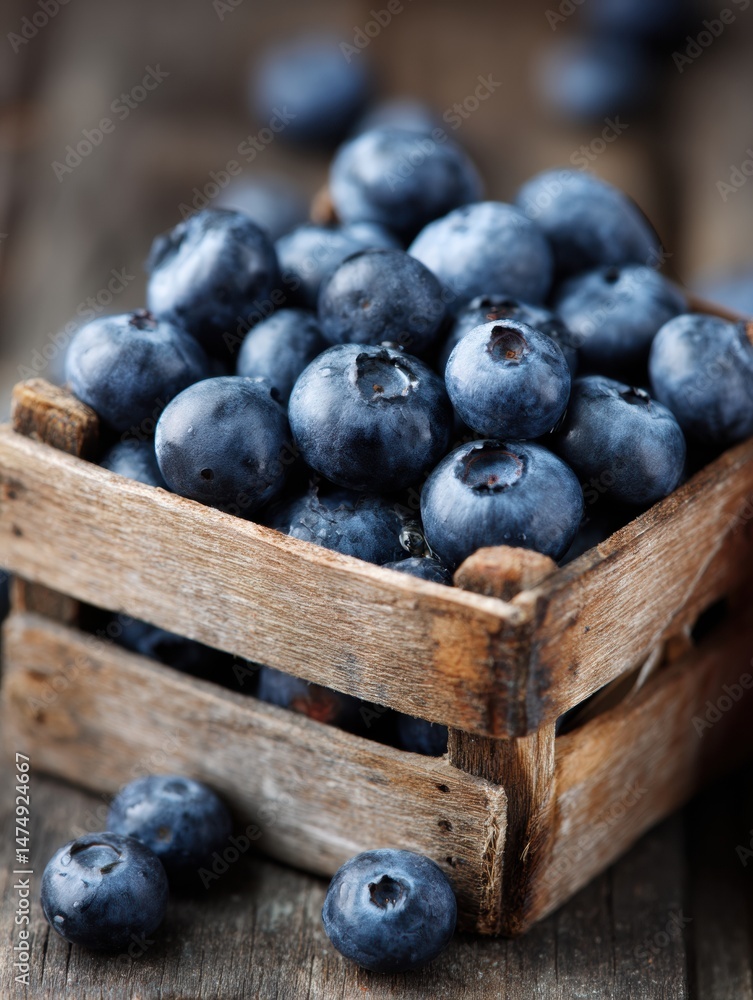 Poster fresh blueberries in a rustic wooden box with a soft blurred background for a natural and inviting f