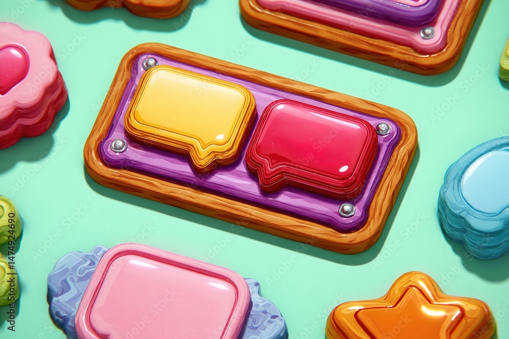 Poster colorful communication buttons arranged on a vibrant background for interactive design concepts and 