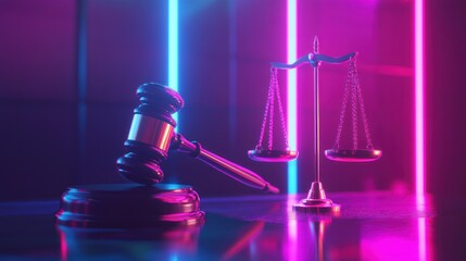 Gavel and scales of justice with neon lighting