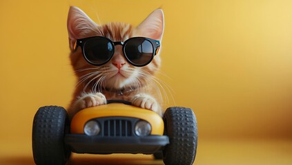 Cool cat in car, sunnies on, yellow backdrop