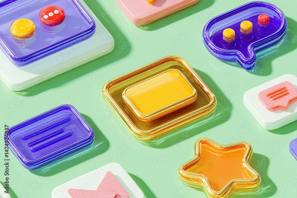 Poster colorful resin buttons and icons arranged on a green surface creating a vibrant design suitable for 