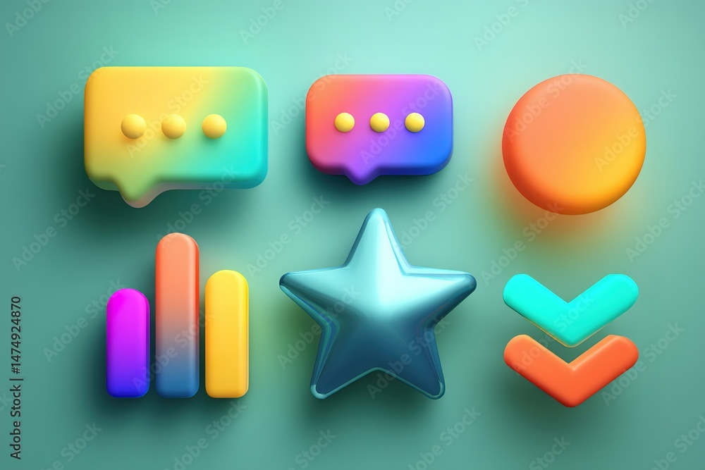 Poster colorful 3d shapes and icons designed for modern digital communication and user interface elements