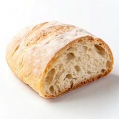A fresh ciabatta loaf on a white background, perfect for food-related visuals and culinary themes.