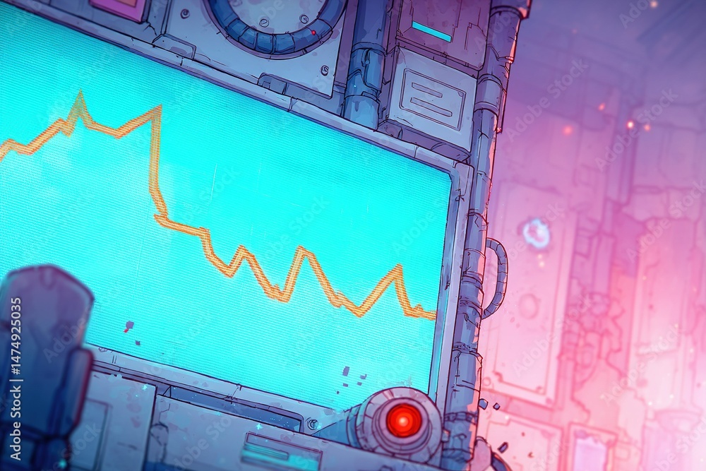 Poster digital interface displaying fluctuating data trends in a futuristic environment with glowing elemen