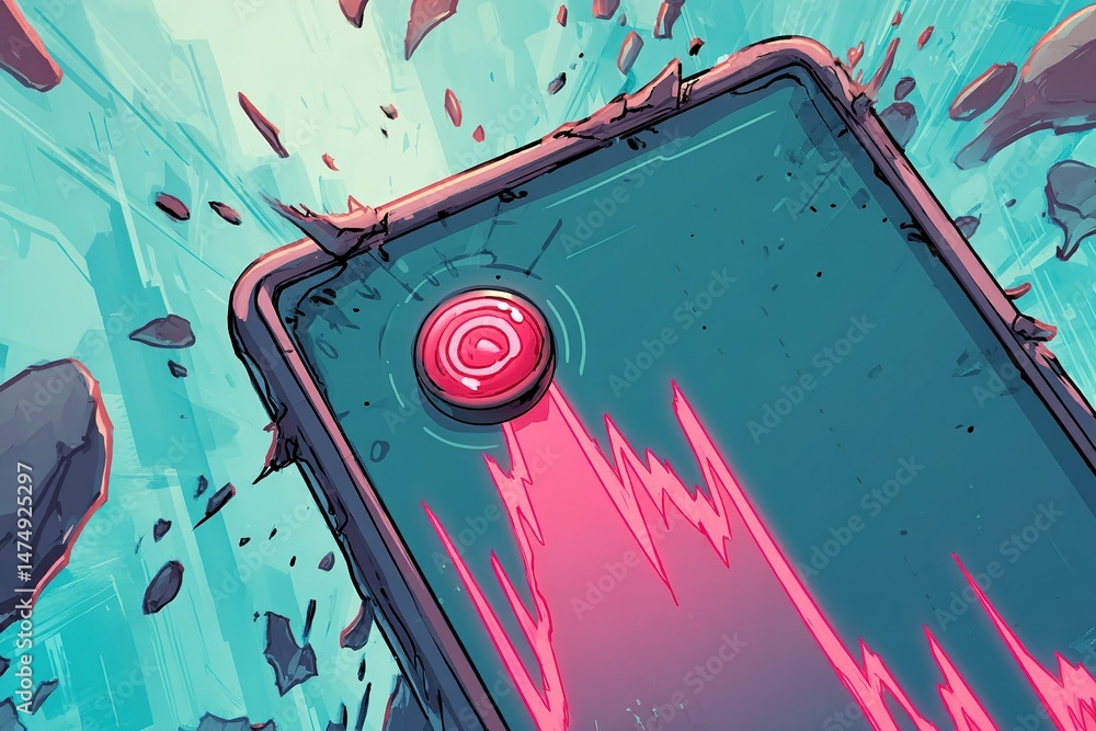 Poster vibrant digital art depicting a smartphone surrounded by a burst of energy and debris in a dynamic e