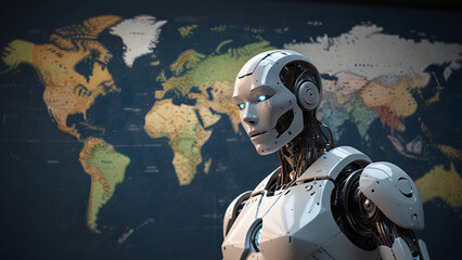 A futuristic humanoid robot stands before a world map symbolizing artificial intelligence global technology innovation and the evolving relationship between robotics and international development ai

