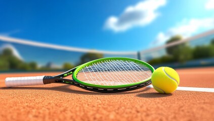 Tennis racket and ball on court
