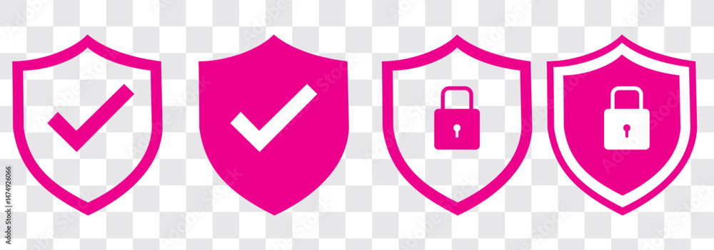Poster shield check mark icon and shield lock icon set. safety shield symbols. security private sign. vecto
