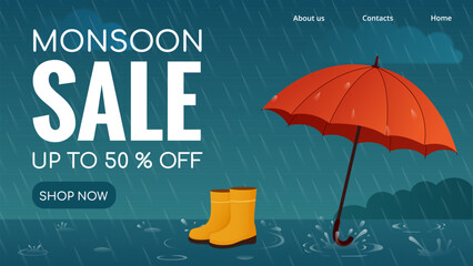 web banner for summer monsoon sale, horizontal template with umbrella and rain for discount