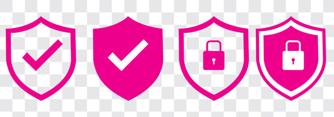 Shield check mark icon and shield lock icon set. Safety shield symbols. Security private sign. Vector illustration