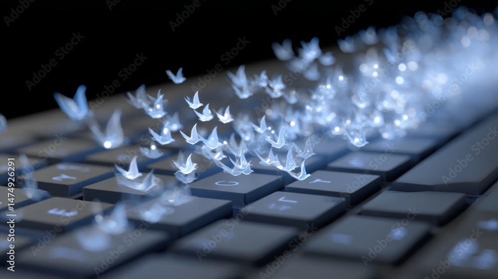 Aufkleber close-up of keyboard with glowing digital butterflies emerging from keys creating a futuristic atmos
