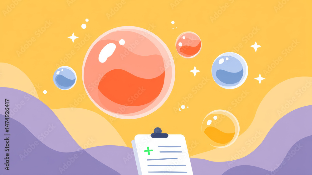 Aufkleber colorful floating data bubbles on a pastel background with a clipboard representing health and infor