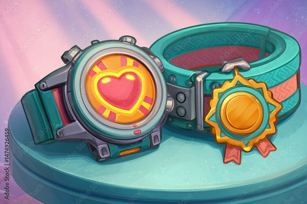 Poster colorful watch and badge displayed on a blue platform with a soft background in a magical setting