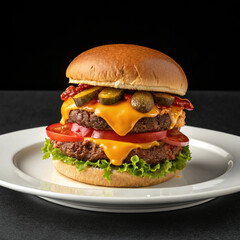 Cheesy Spice Blast Burger &ndash; Hyper-Realistic Gourmet on White Plate
