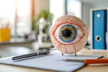 Anatomical Model of Human Eye with Blue Iris on Office Table Medical Concept