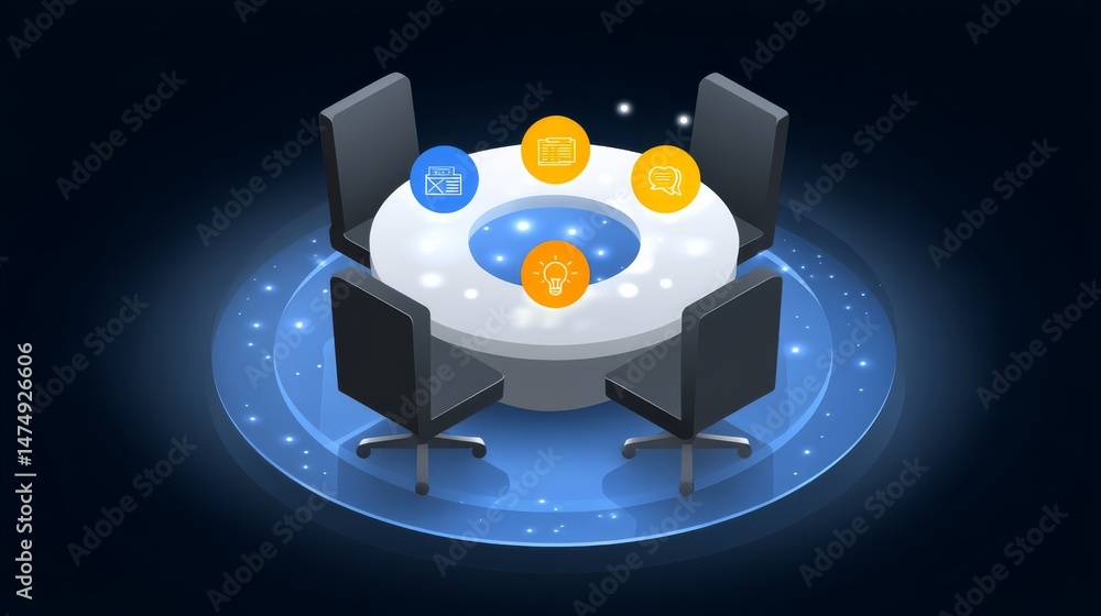 Poster digital illustration of a floating meeting table with glowing icons representing collaborative commu