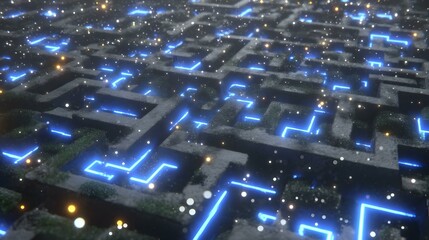 Obraz premium board with glowing blue pathways and floating particles