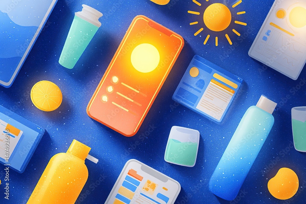 Poster bright and colorful digital devices and elements on a blue background creating a vibrant tech atmosp