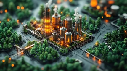 Industrial facility surrounded by green landscape with glowing lights and smokestacks