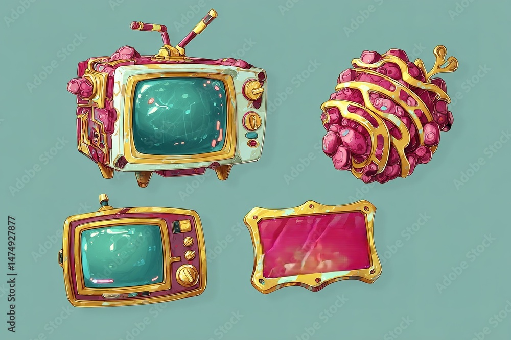 Aufkleber colorful retro television designs and a whimsical object on a teal background creating a playful vis
