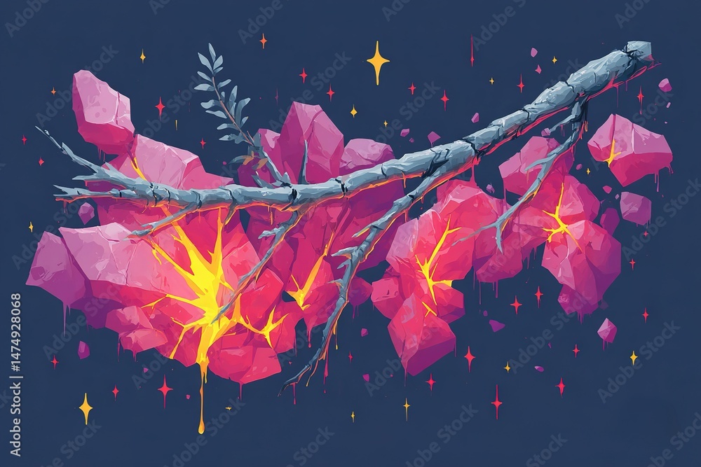 Poster colorful abstract design featuring a branch with vibrant rocks and glowing elements against a dark b