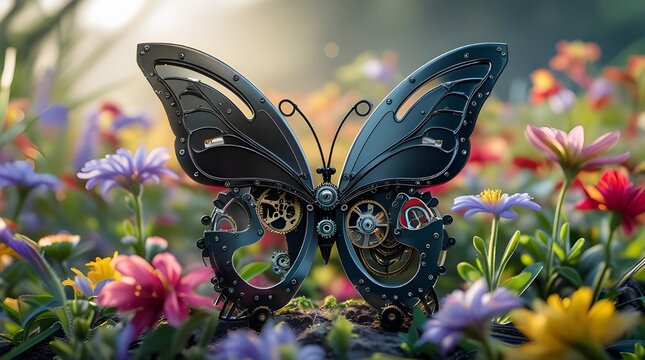 Mechanical Butterfly with Gears in Colorful Flower Garden &ndash; Futuristic Steampunk Insect Design