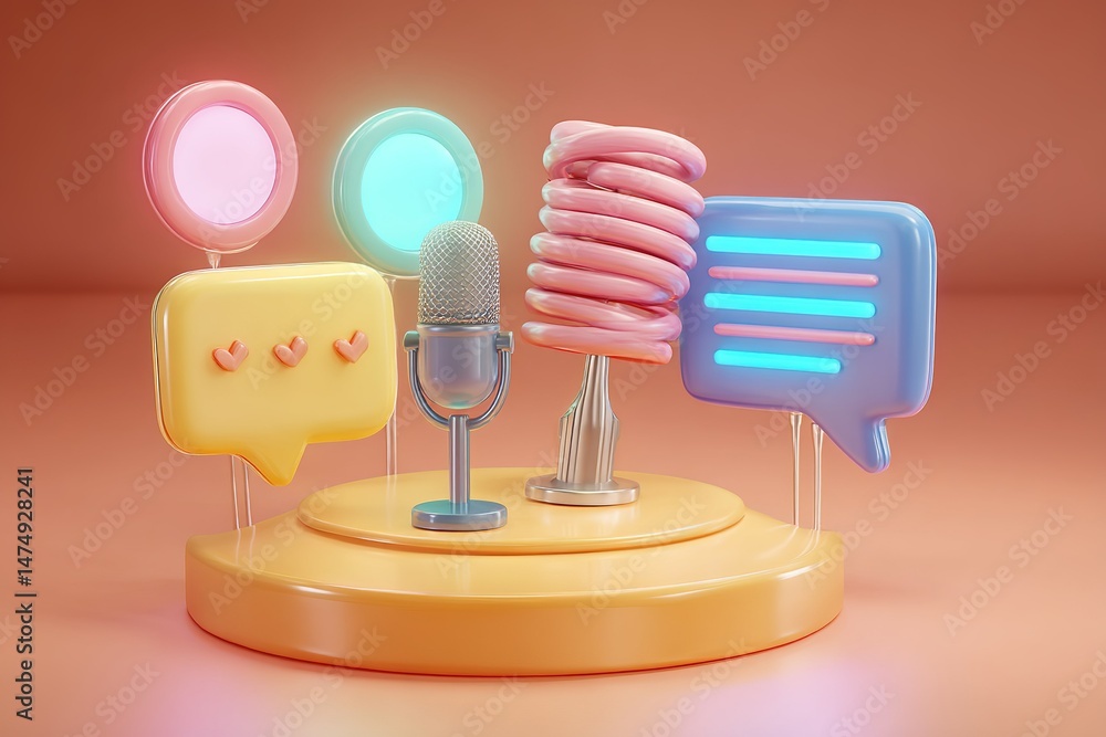 Poster colorful podcast studio setup featuring microphone and chat bubbles with modern design elements for 
