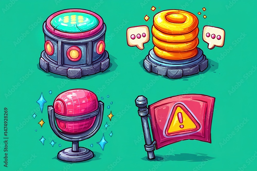 Poster colorful and playful game interface elements featuring orbs, rings, and caution flags designed for a